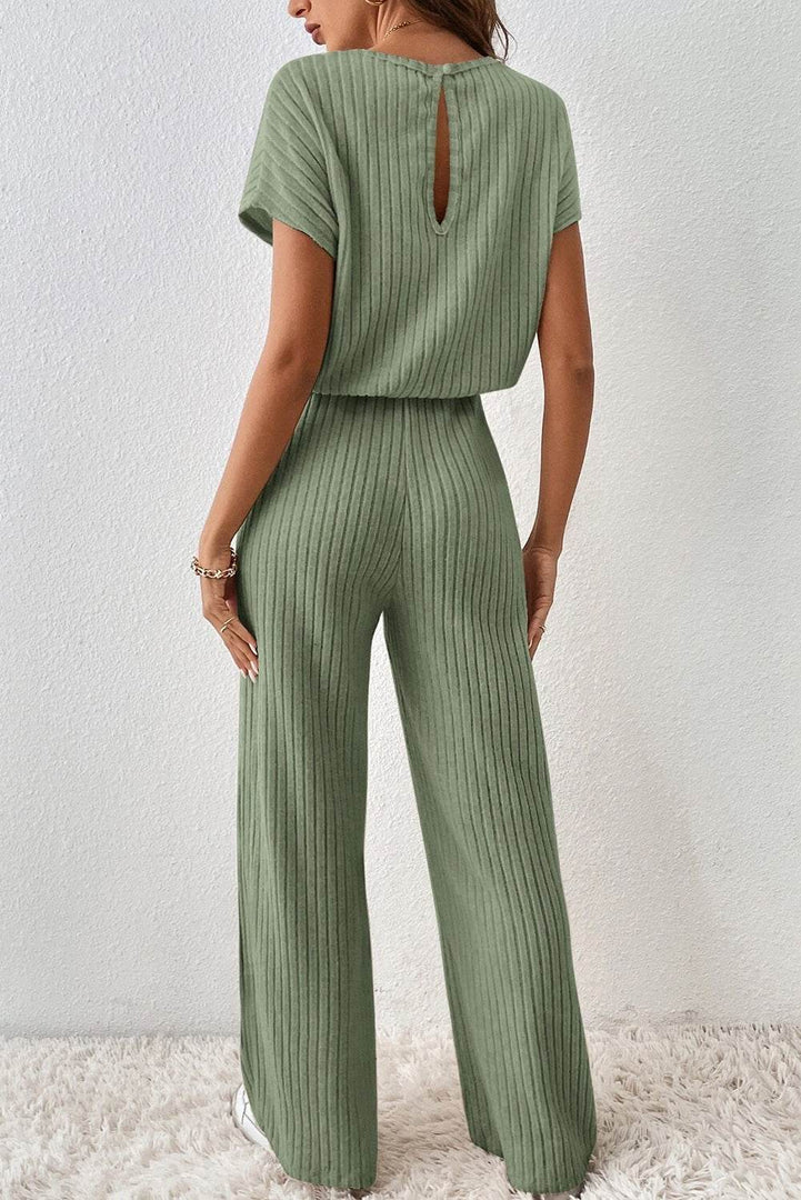 Parchment Solid Color Ribbed Short Sleeve Wide Leg Jumpsuit - Fashion Queen -  5