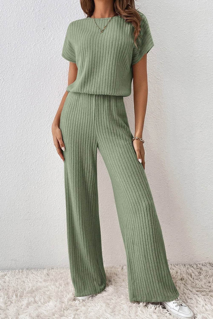 Parchment Solid Color Ribbed Short Sleeve Wide Leg Jumpsuit - Fashion Queen -  6