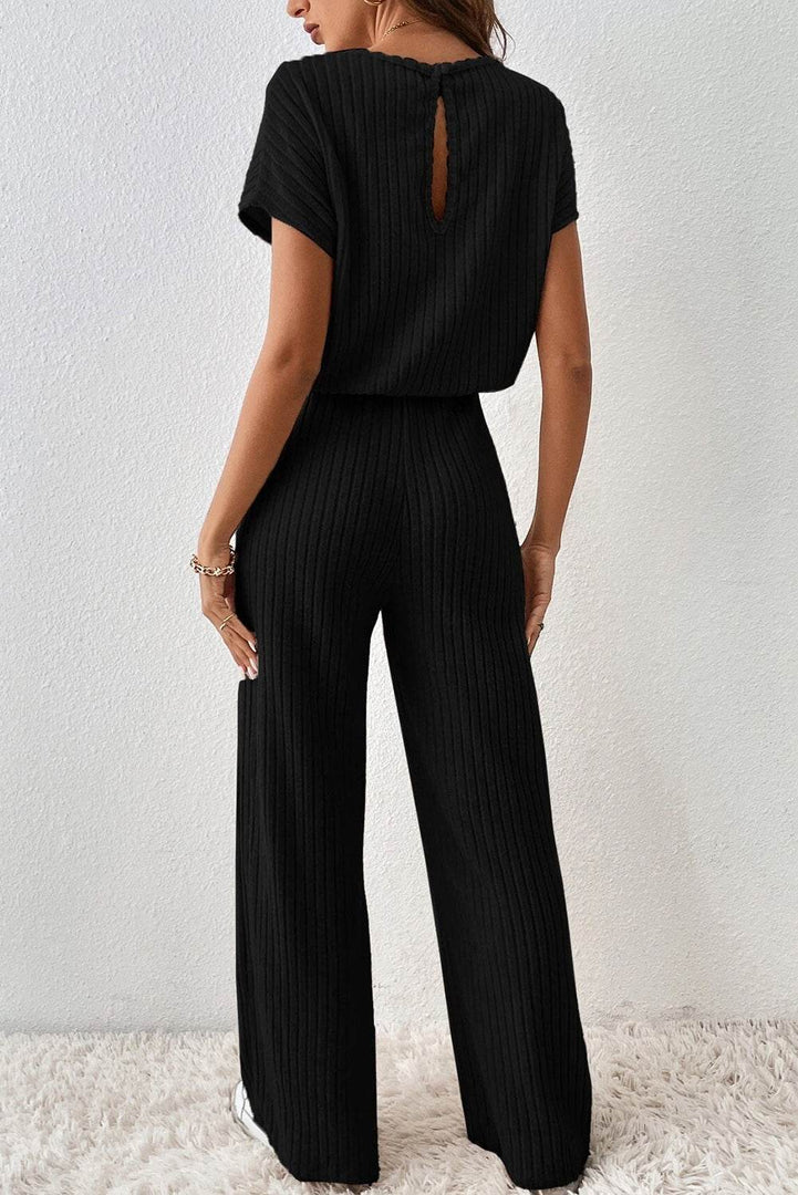 Parchment Solid Color Ribbed Short Sleeve Wide Leg Jumpsuit - Fashion Queen -  8