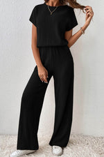 Load image into Gallery viewer, Parchment Solid Color Ribbed Short Sleeve Wide Leg Jumpsuit - Fashion Queen -  9
