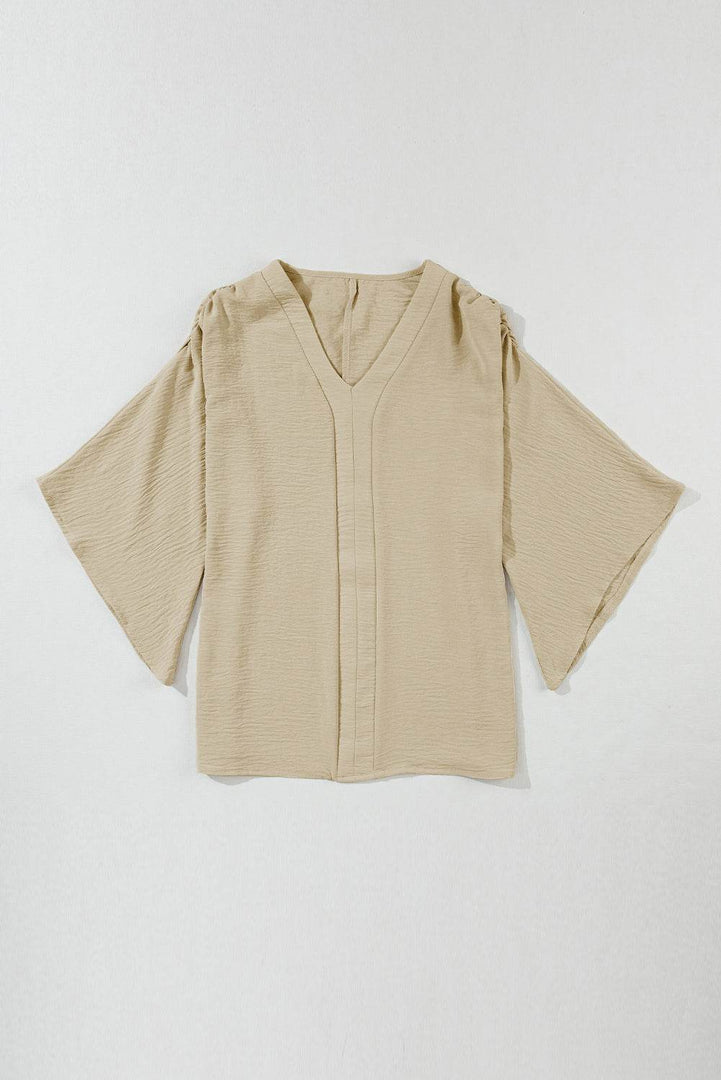 Parchment Solid V Neck Wide Sleeve Crinkled Blouse - Fashion Queen -  13