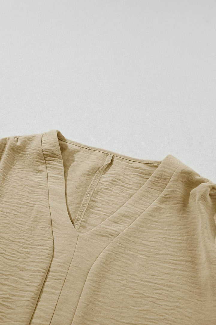 Parchment Solid V Neck Wide Sleeve Crinkled Blouse - Fashion Queen -  17