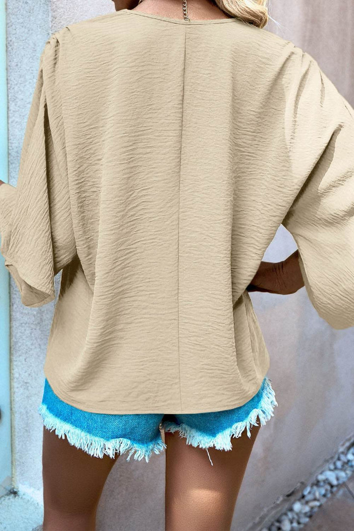 Parchment Solid V Neck Wide Sleeve Crinkled Blouse - Fashion Queen -  2