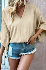 Load image into Gallery viewer, Parchment Solid V Neck Wide Sleeve Crinkled Blouse - Fashion Queen -  6
