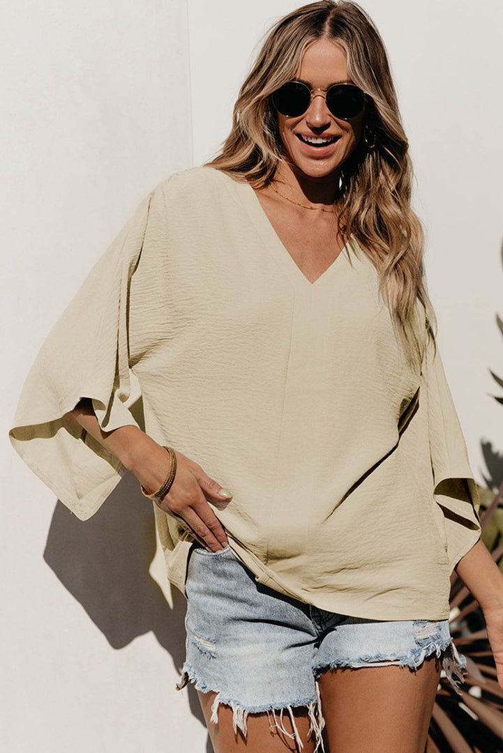 Parchment Solid V Neck Wide Sleeve Crinkled Blouse - Fashion Queen -  7