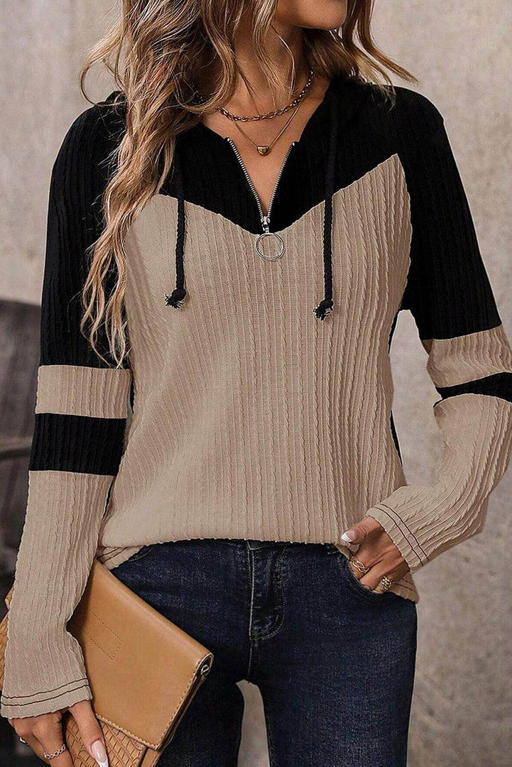Parchment Textured Colorblock Long Sleeve Quarter Zip Drawstring Hooded Top - Fashion Queen -  1