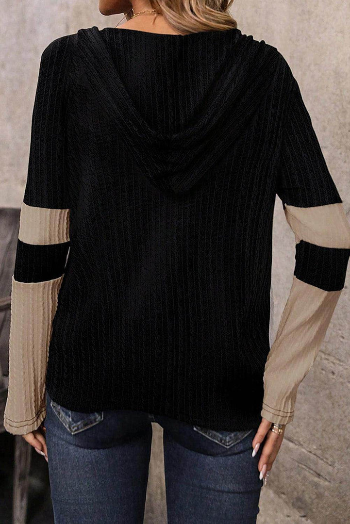 Parchment Textured Colorblock Long Sleeve Quarter Zip Drawstring Hooded Top - Fashion Queen -  2