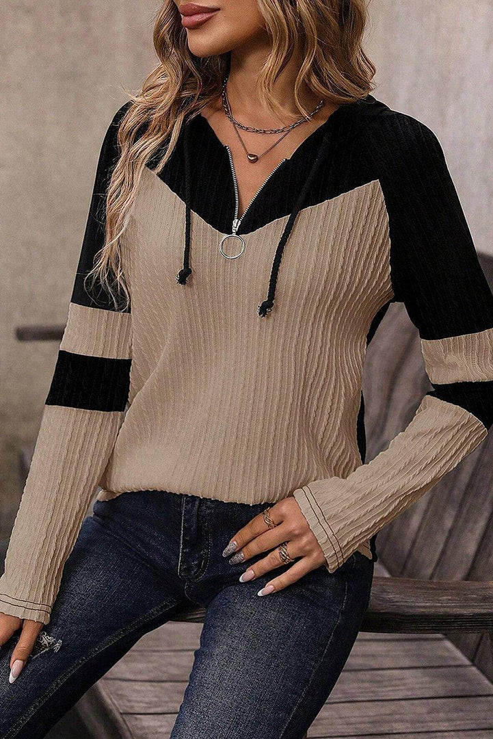 Parchment Textured Colorblock Long Sleeve Quarter Zip Drawstring Hooded Top - Fashion Queen -  3