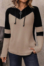 Load image into Gallery viewer, Parchment Textured Colorblock Long Sleeve Quarter Zip Drawstring Hooded Top - Fashion Queen -  4
