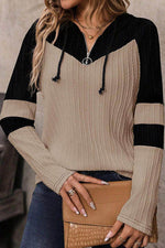 Load image into Gallery viewer, Parchment Textured Colorblock Long Sleeve Quarter Zip Drawstring Hooded Top - Fashion Queen -  5

