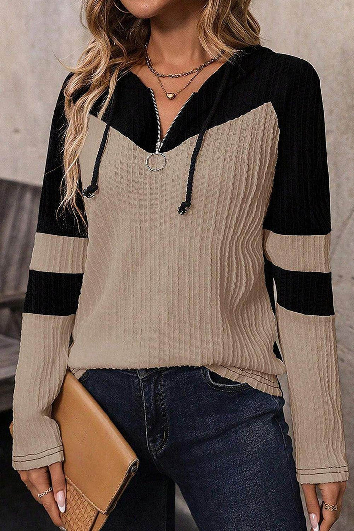 Parchment Textured Colorblock Long Sleeve Quarter Zip Drawstring Hooded Top - Fashion Queen -  6
