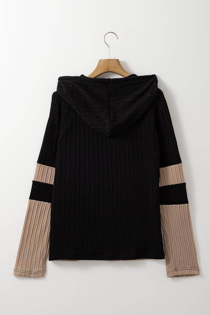Parchment Textured Colorblock Long Sleeve Quarter Zip Drawstring Hooded Top - Fashion Queen -  8