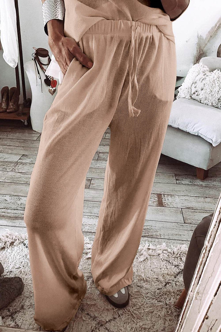 Parchment Textured Long Sleeve T Shirt and Pants Lounge Set - Fashion Queen -  3