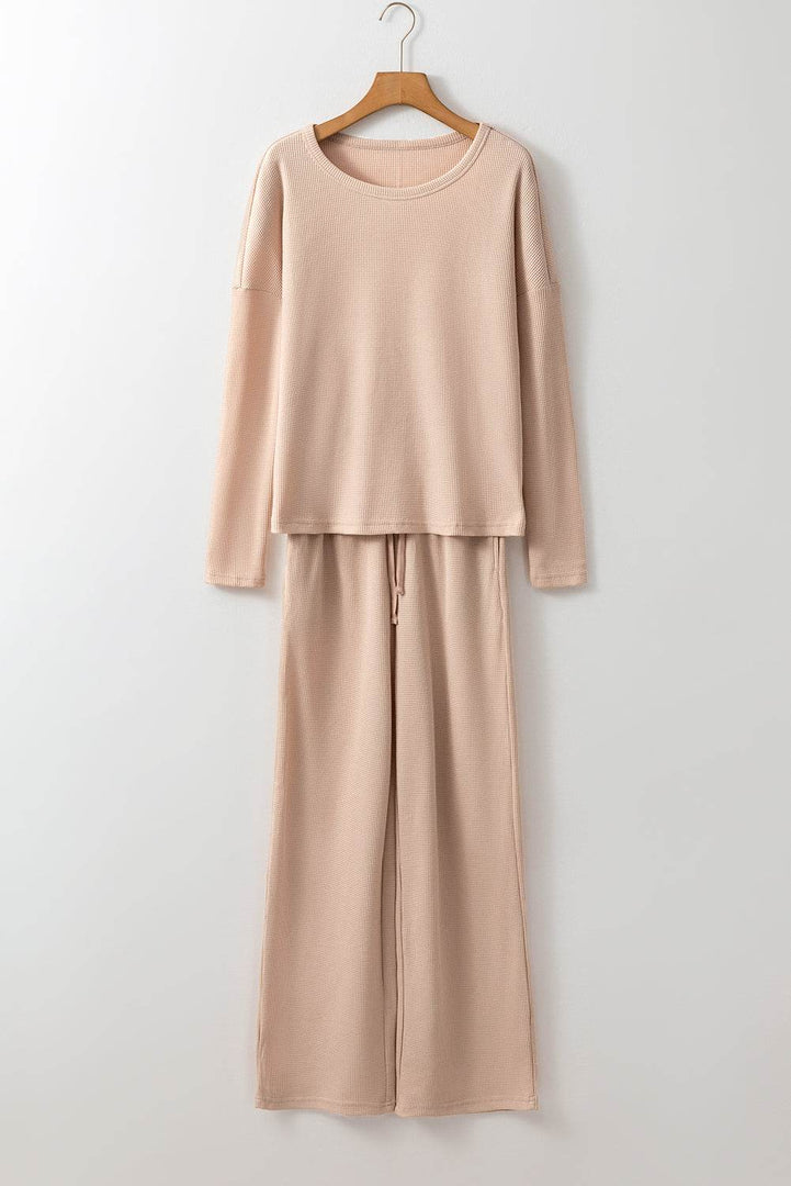 Parchment Textured Long Sleeve T Shirt and Pants Lounge Set - Fashion Queen -  4