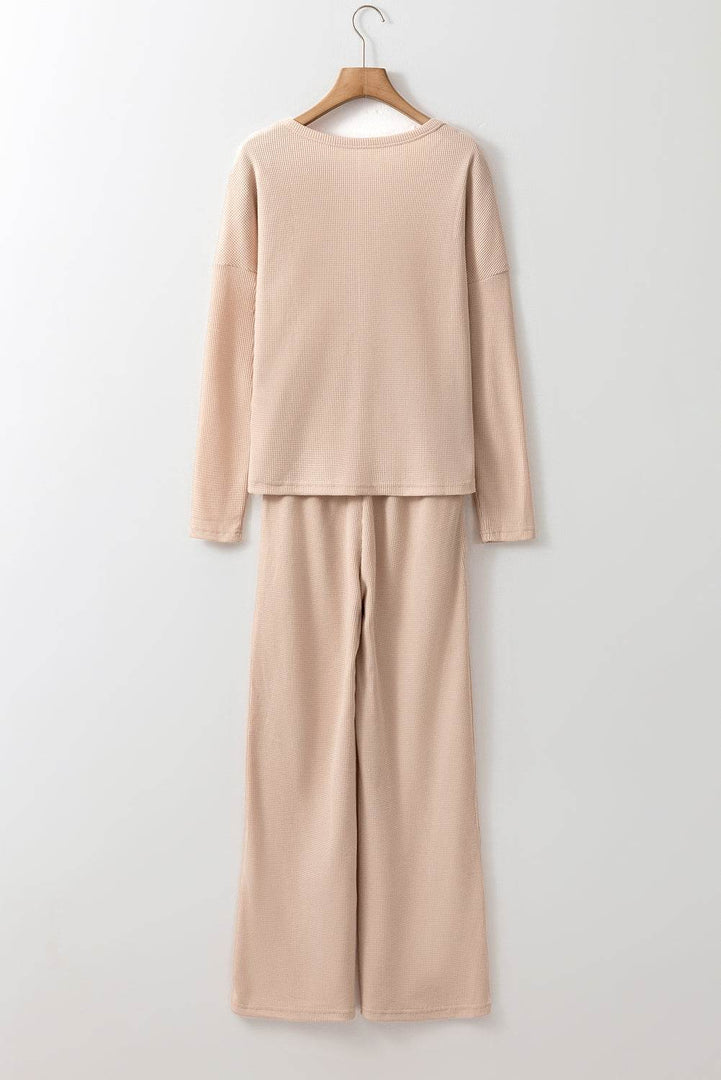 Parchment Textured Long Sleeve T Shirt and Pants Lounge Set - Fashion Queen -  5