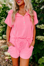 Load image into Gallery viewer, Peach Blossom Hooded Short Sleeve Henley Top and Shorts Set - Fashion Queen -  1
