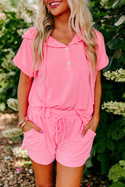 Peach Blossom Hooded Short Sleeve Henley Top and Shorts Set - Fashion Queen -  1