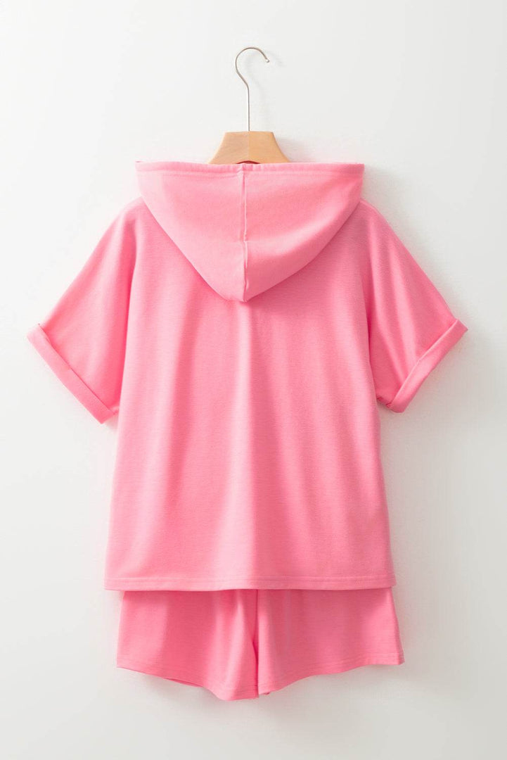 Peach Blossom Hooded Short Sleeve Henley Top and Shorts Set - Fashion Queen -  10