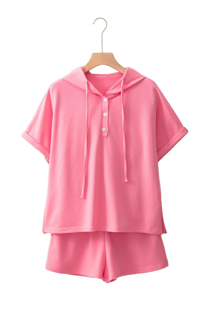 Peach Blossom Hooded Short Sleeve Henley Top and Shorts Set - Fashion Queen -  8