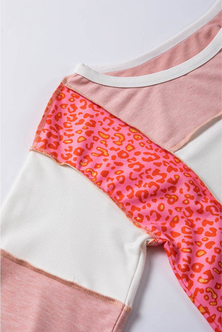 Peach Blossom Leopard Colorblock Patchwork Exposed Seam Top - Fashion Queen -  7
