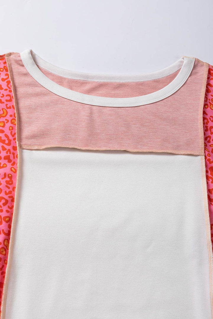 Peach Blossom Leopard Colorblock Patchwork Exposed Seam Top - Fashion Queen -  8