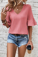 Load image into Gallery viewer, Peach Blossom Ruffled Half Sleeve V Neck Textured Top - Fashion Queen -  1
