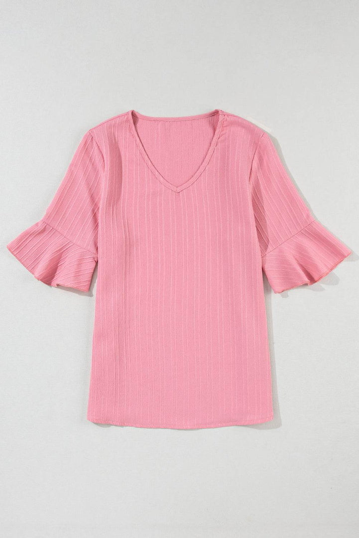 Peach Blossom Ruffled Half Sleeve V Neck Textured Top - Fashion Queen -  10