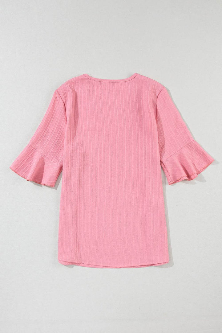 Peach Blossom Ruffled Half Sleeve V Neck Textured Top - Fashion Queen -  11