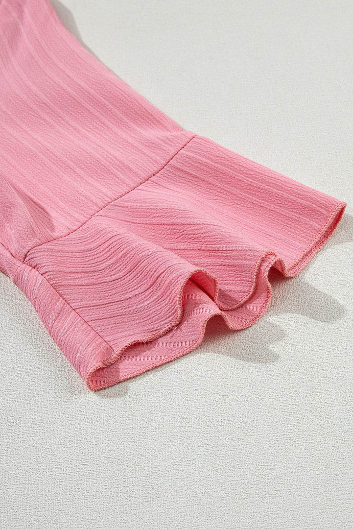 Peach Blossom Ruffled Half Sleeve V Neck Textured Top - Fashion Queen -  12