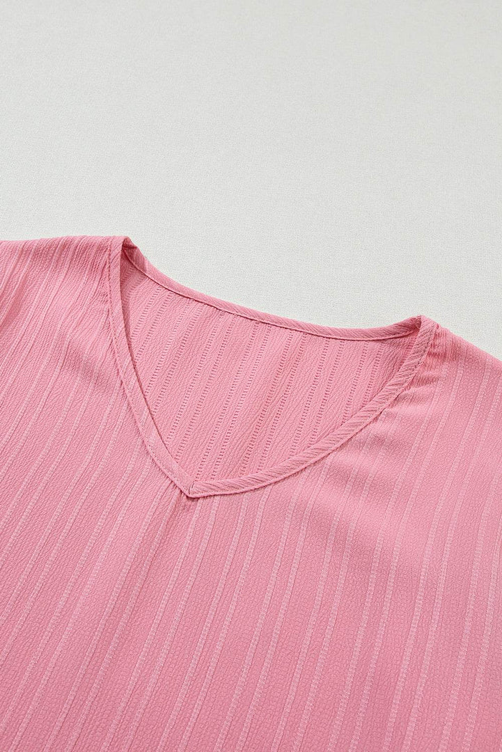Peach Blossom Ruffled Half Sleeve V Neck Textured Top - Fashion Queen -  15