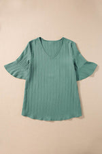 Load image into Gallery viewer, Peach Blossom Ruffled Half Sleeve V Neck Textured Top - Fashion Queen -  17

