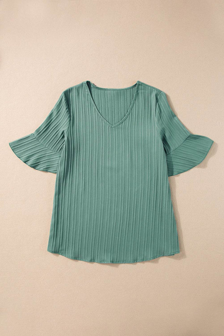 Peach Blossom Ruffled Half Sleeve V Neck Textured Top - Fashion Queen -  17