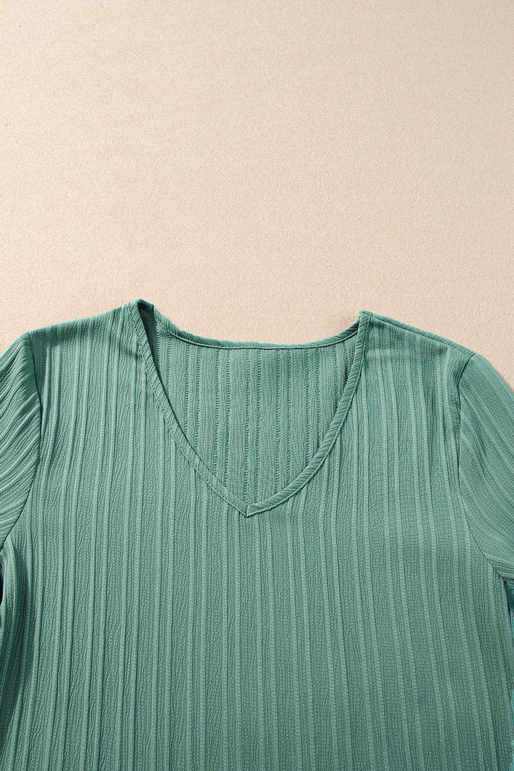 Peach Blossom Ruffled Half Sleeve V Neck Textured Top - Fashion Queen -  21