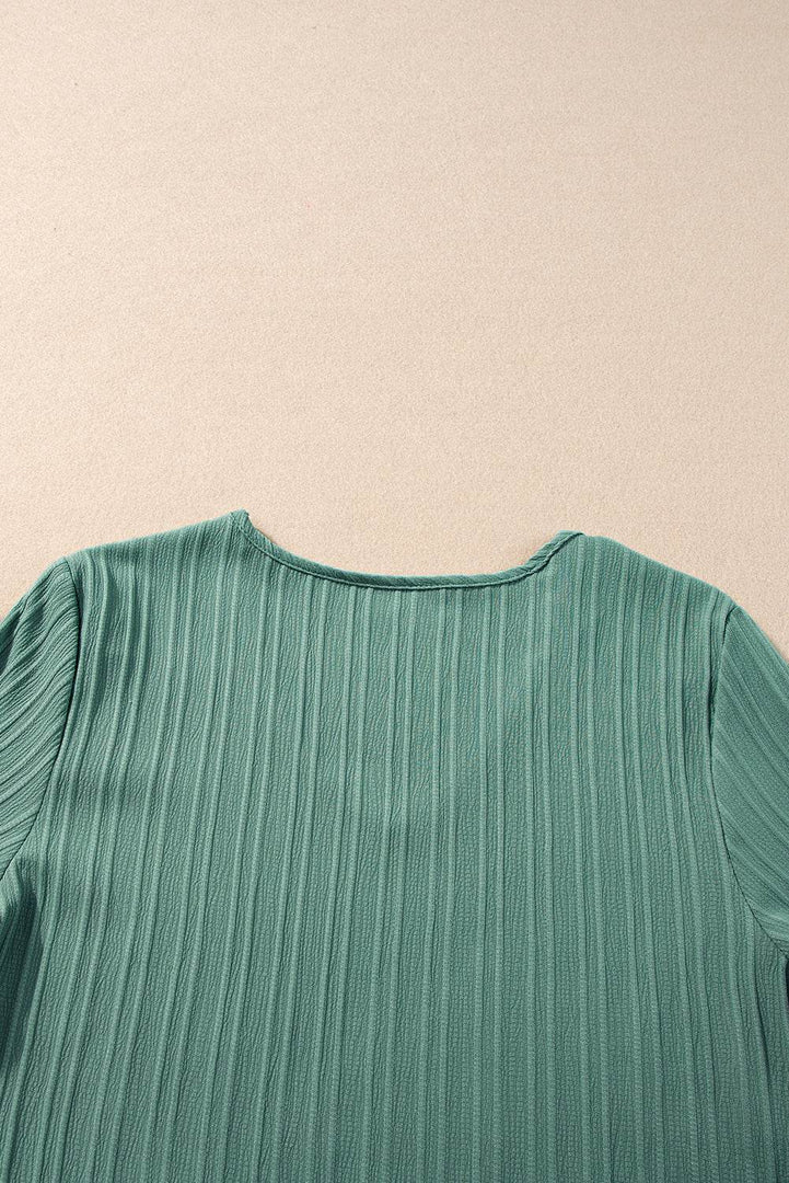 Peach Blossom Ruffled Half Sleeve V Neck Textured Top - Fashion Queen -  23