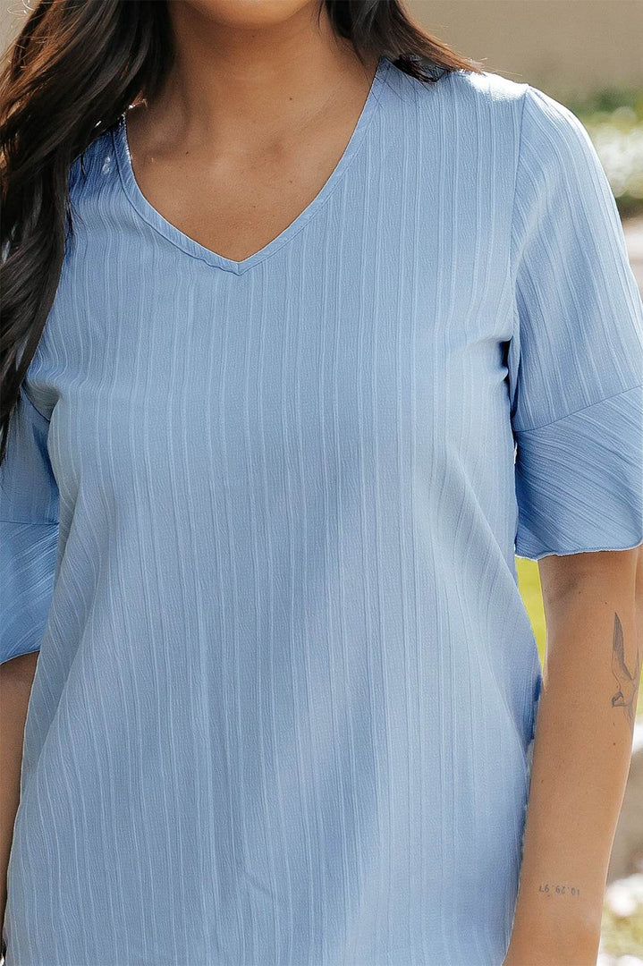 Peach Blossom Ruffled Half Sleeve V Neck Textured Top - Fashion Queen -  29