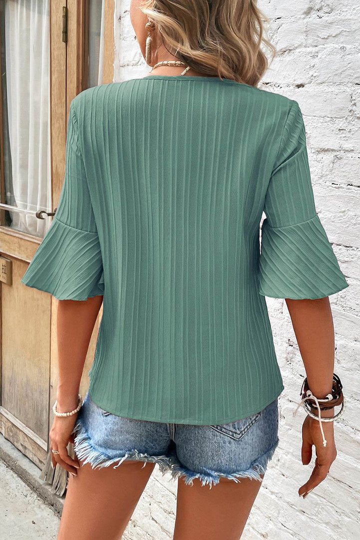 Peach Blossom Ruffled Half Sleeve V Neck Textured Top - Fashion Queen -  5