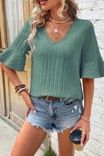 Load image into Gallery viewer, Peach Blossom Ruffled Half Sleeve V Neck Textured Top - Fashion Queen -  6

