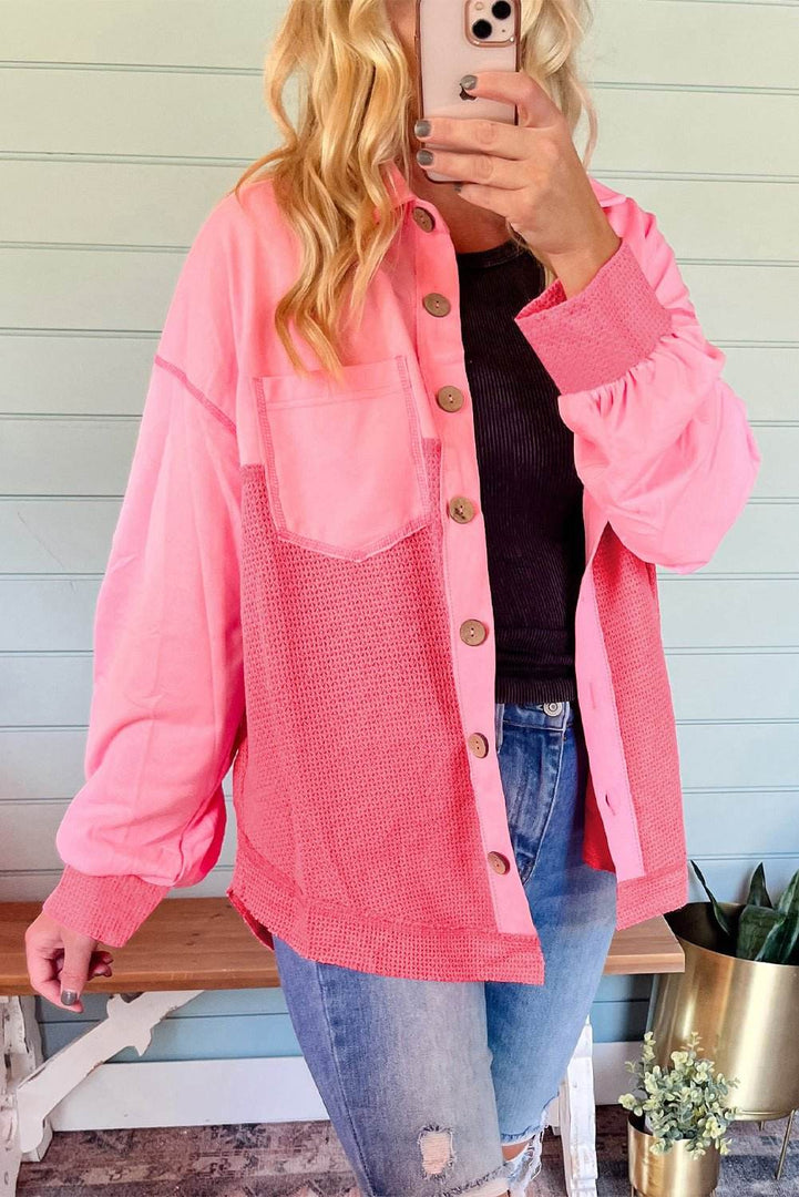 Peach Blossom Two Tone Contrast Waffle Knit Buttoned Loose Shacket - Fashion Queen -  1