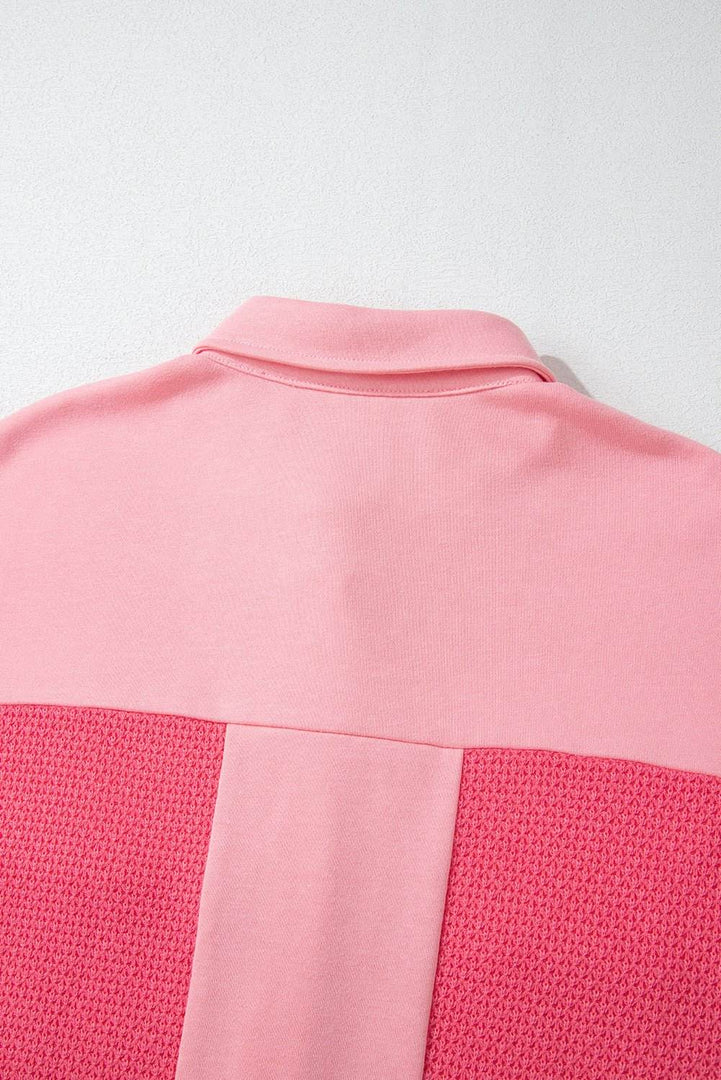 Peach Blossom Two Tone Contrast Waffle Knit Buttoned Loose Shacket - Fashion Queen -  11