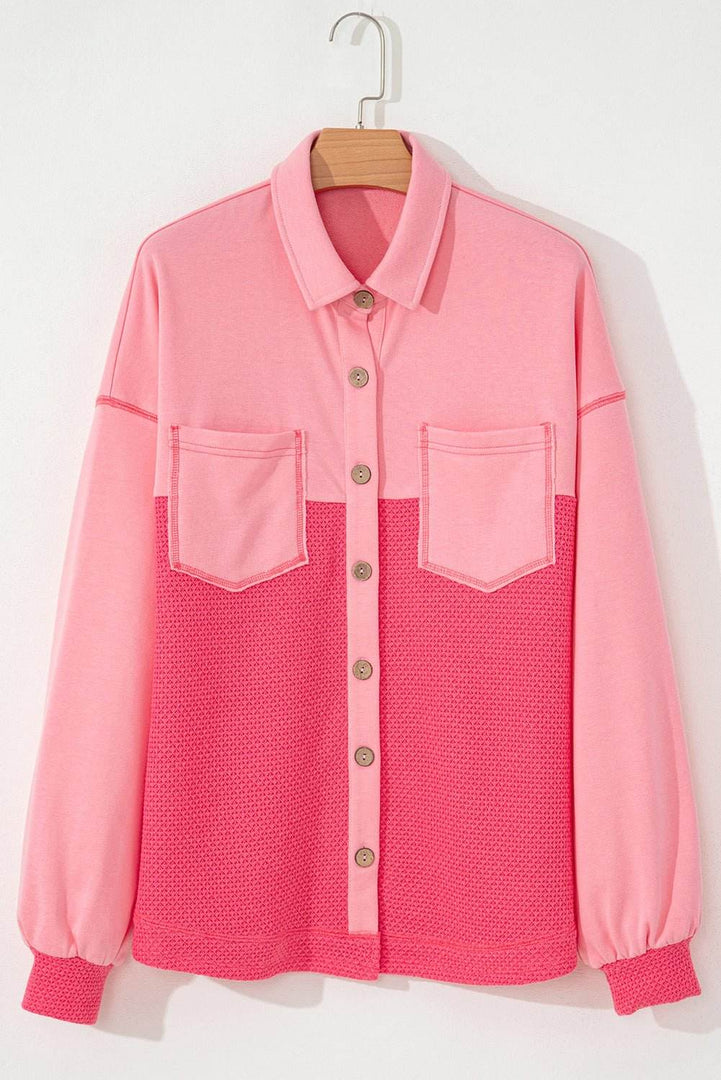 Peach Blossom Two Tone Contrast Waffle Knit Buttoned Loose Shacket - Fashion Queen -  4