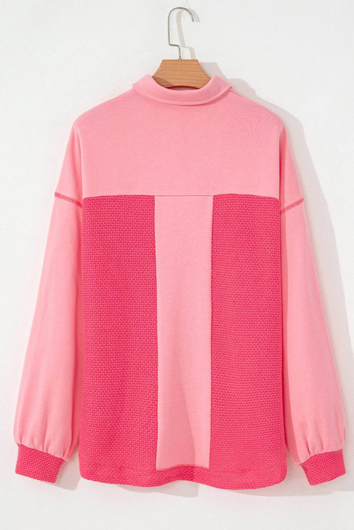 Peach Blossom Two Tone Contrast Waffle Knit Buttoned Loose Shacket - Fashion Queen -  5