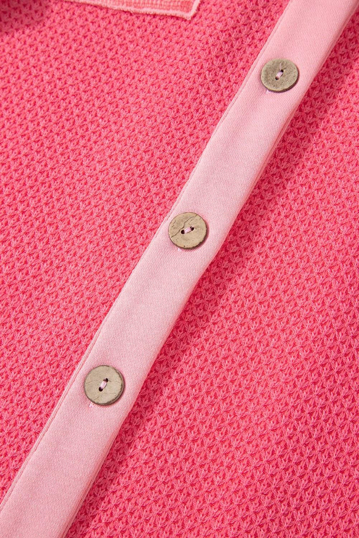 Peach Blossom Two Tone Contrast Waffle Knit Buttoned Loose Shacket - Fashion Queen -  8