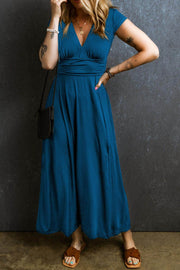 Peacock Blue Short Sleeve Shirred High Waist V Neck Maxi Dress - Fashion Queen -  1