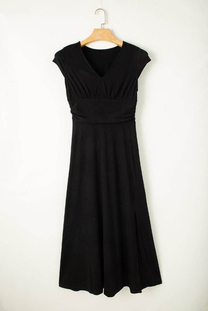 Peacock Blue Short Sleeve Shirred High Waist V Neck Maxi Dress - Fashion Queen -  12