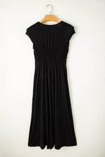Load image into Gallery viewer, Peacock Blue Short Sleeve Shirred High Waist V Neck Maxi Dress - Fashion Queen -  13
