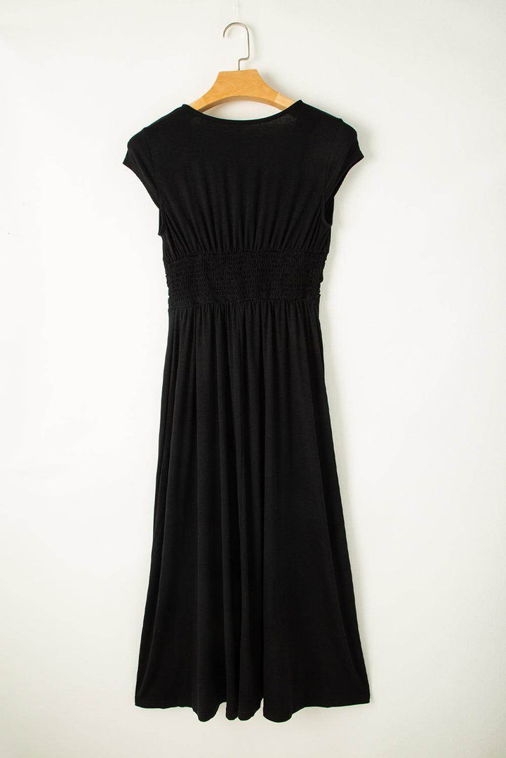 Peacock Blue Short Sleeve Shirred High Waist V Neck Maxi Dress - Fashion Queen -  13