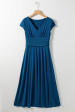 Load image into Gallery viewer, Peacock Blue Short Sleeve Shirred High Waist V Neck Maxi Dress - Fashion Queen -  3

