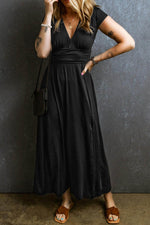 Load image into Gallery viewer, Peacock Blue Short Sleeve Shirred High Waist V Neck Maxi Dress - Fashion Queen -  4

