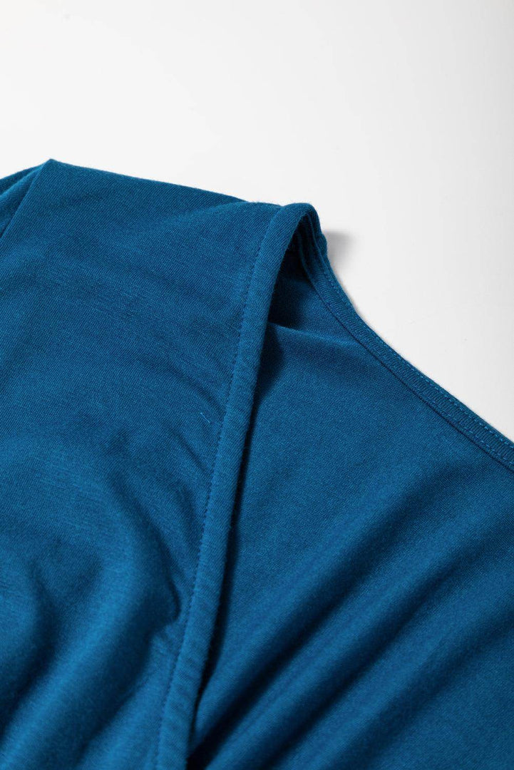 Peacock Blue Short Sleeve Shirred High Waist V Neck Maxi Dress - Fashion Queen -  7