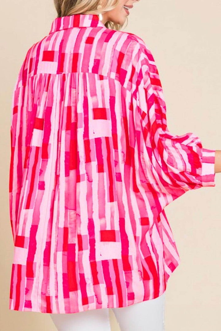Pink Abstract Print Batwing Sleeve Casual Shirt - Fashion Queen -  2